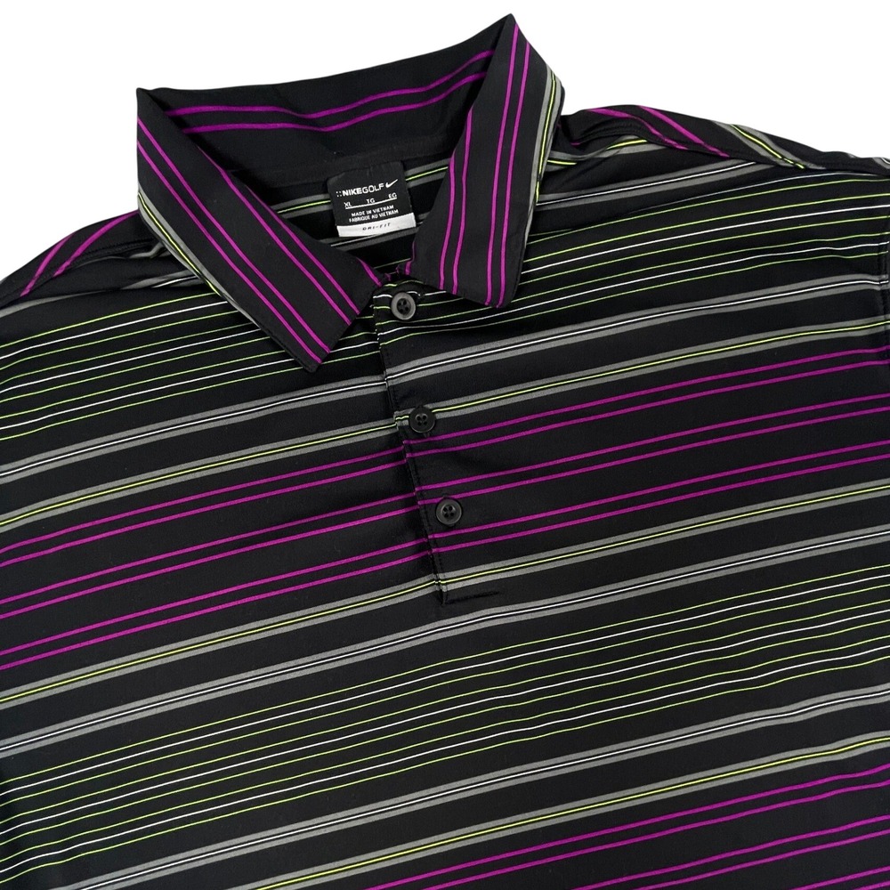 Nike Golf Polo Men XL Black Purple Striped Dri-FIT Short Sleeve Performance